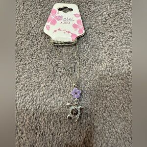 Silver Turtle Necklace with Purple Flower Pendant
